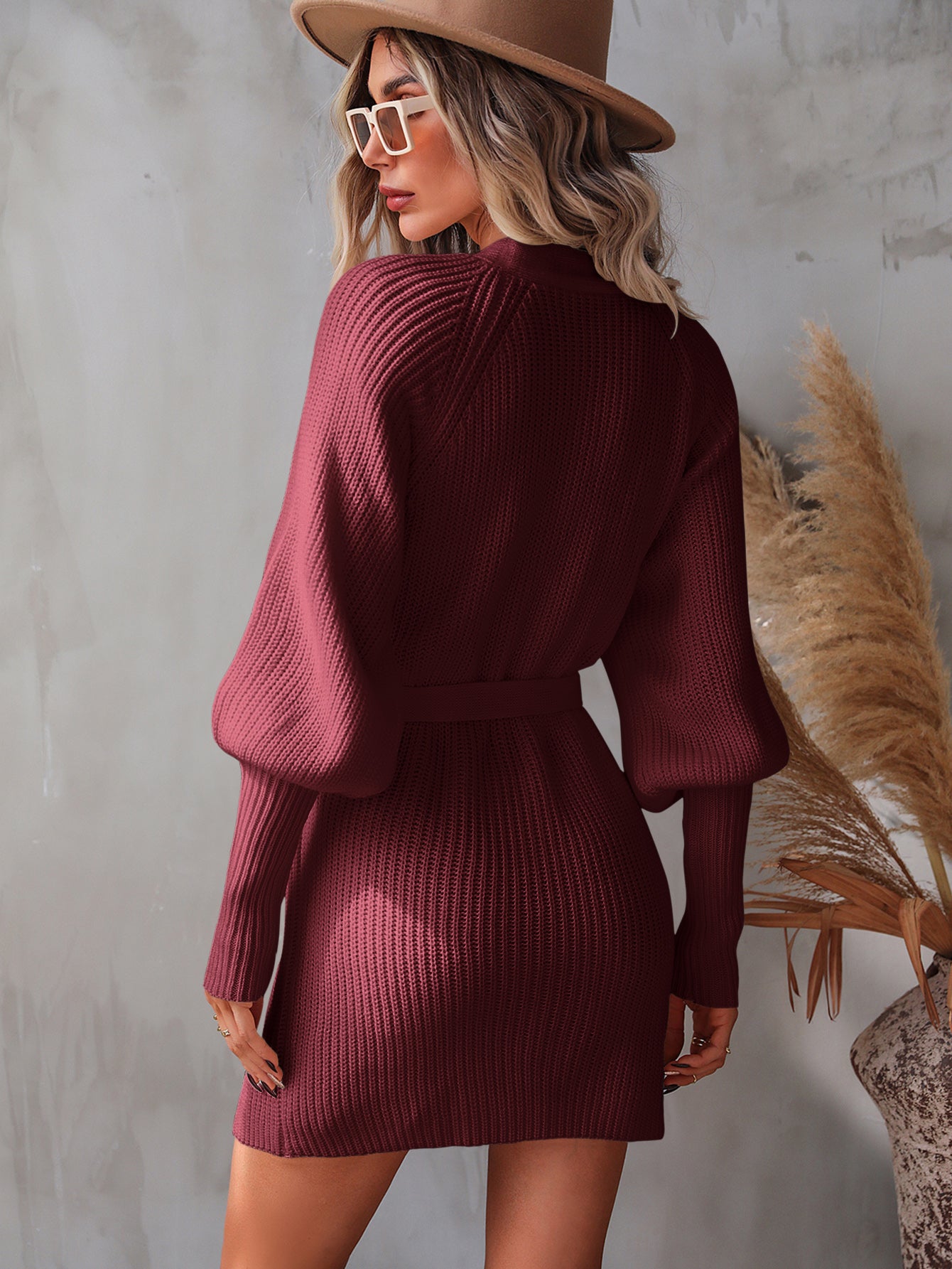 Belted Surplice Lantern Sleeve Wrap Sweater Dress – Lollie's Linens